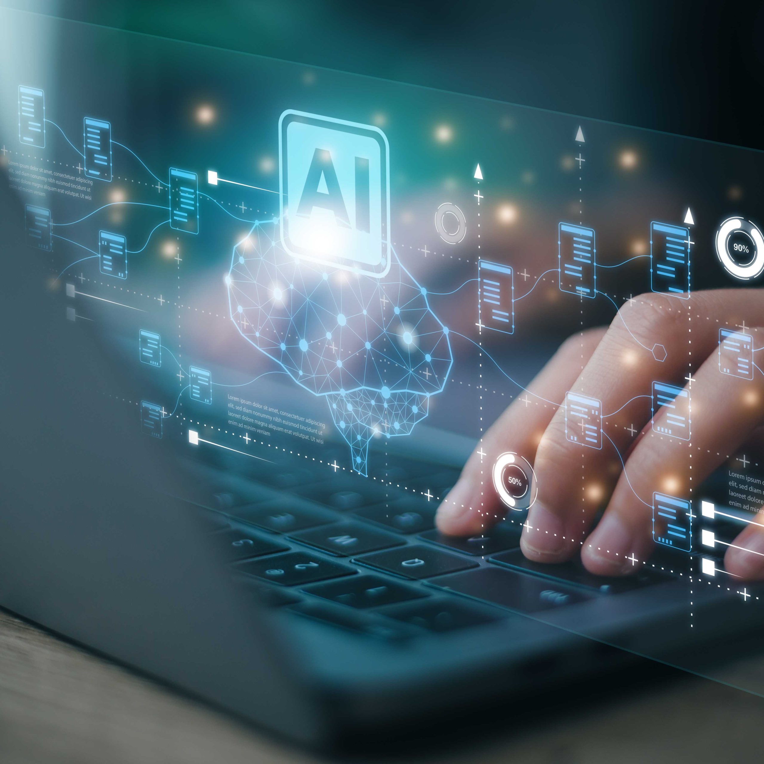 AI或人工智能概念。商人使用电脑，利用AI辅助业务，并应用于日常生活