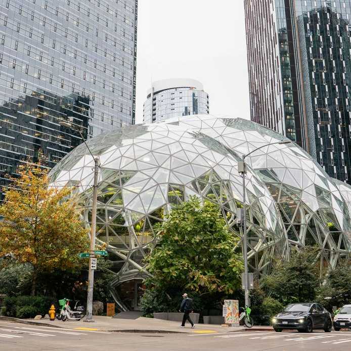 Amazon's Seattle headquarters. The company announced plans to cut 14,000 jobs in one of its largest staff reductions ever.