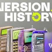 The Version History show art, featuring five gadgets styled for different tech eras.