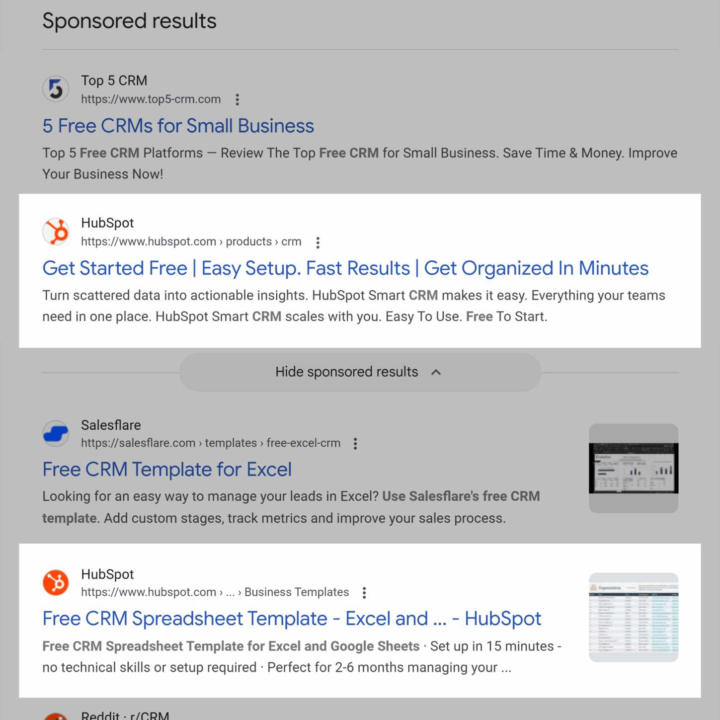 HubSpot 在 Google 搜索结果中的示例