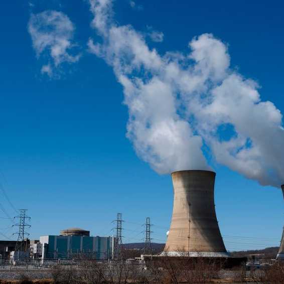 Power lines come off of the nuclear plant on Three Mile Island.
