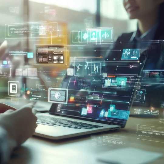 person at laptop with futuristic interface floating from screen