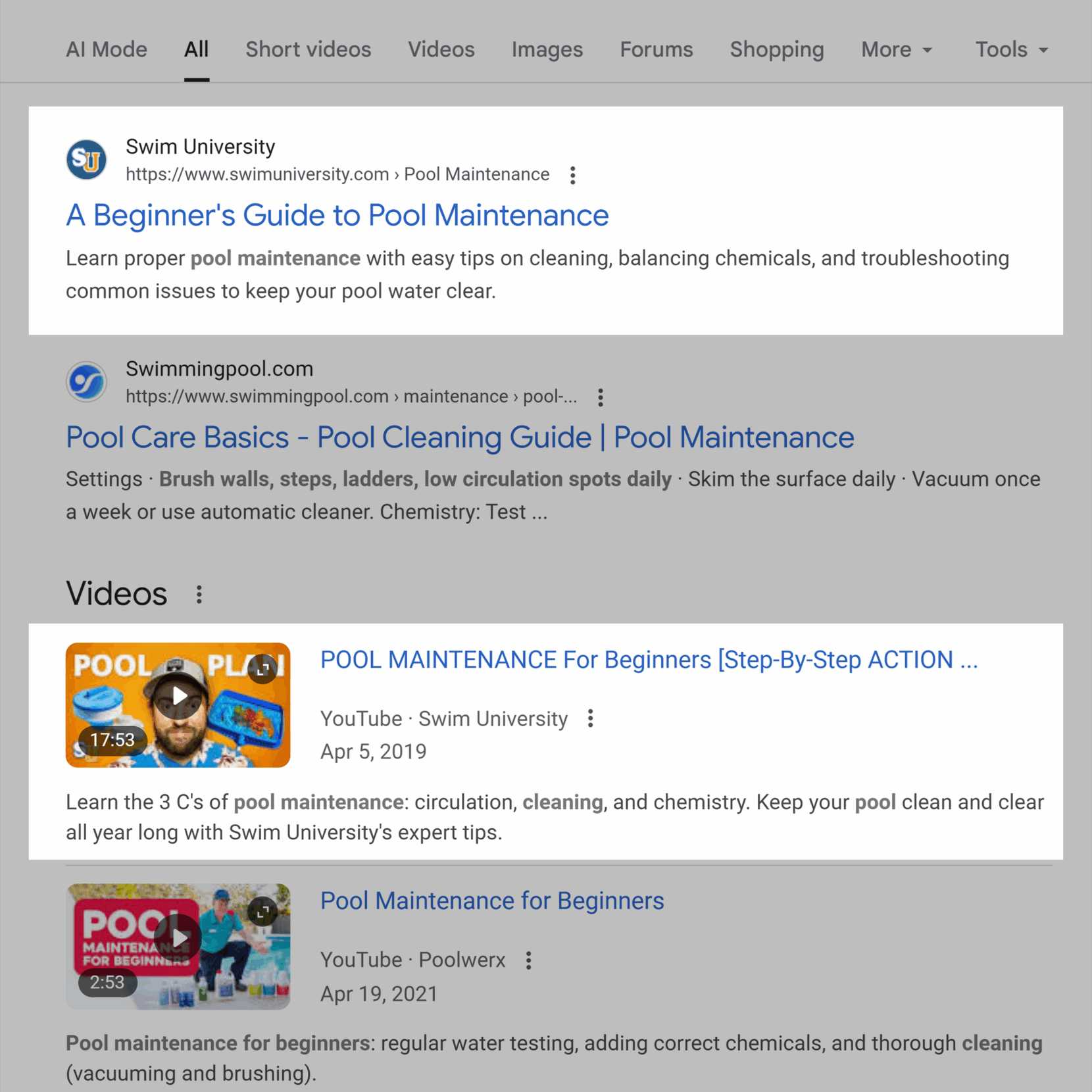 Swim University 在 Google 搜索结果中的示例