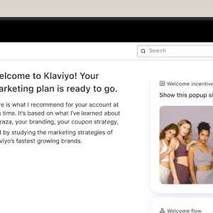 Klaviyo CRM仪表盘截图,展示一个营销计划和一个提供10%折扣的弹窗注册表单。